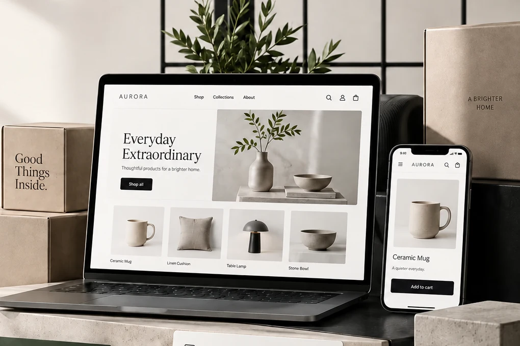 A homeware Shopify storefront shown on a laptop and a phone, standing on stone plinths among plain product boxes.