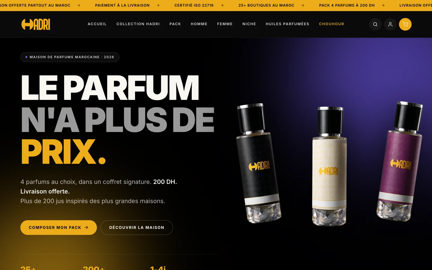 The Hadri Parfums homepage on a desktop screen: a dark hero with the gold Hadri wordmark and a French navigation, a large uppercase headline reading "Le parfum n’a plus de prix." and three perfume bottles photographed on the right, above a gold call-to-action button.