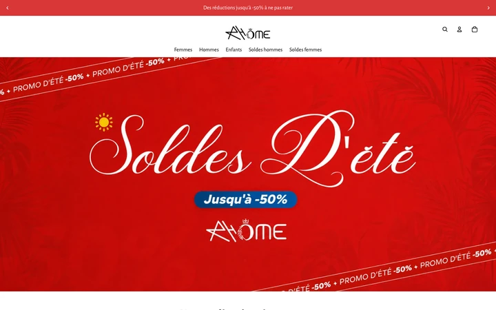 The Rhome homepage on a desktop screen: a red announcement bar, the Rhome wordmark above a French navigation for women, men and children, and a deep red hero carrying the script headline “Soldes D’été” over a palm-leaf pattern with a “Jusqu’à -50%” badge.