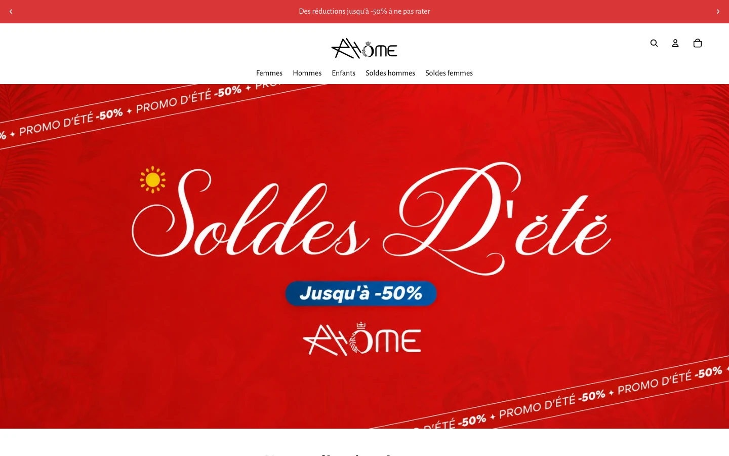 The Rhome homepage on a desktop screen: a red announcement bar, the Rhome wordmark above a French navigation for women, men and children, and a deep red hero carrying the script headline “Soldes D’été” over a palm-leaf pattern with a “Jusqu’à -50%” badge.