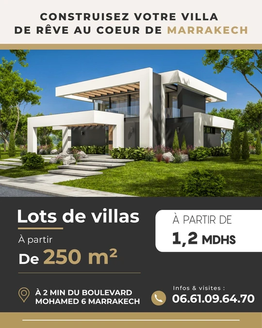 A property advertisement in French headed “Construisez votre villa de rêve au coeur de Marrakech”, showing a modern villa in a landscaped garden above a panel giving the plot size, a starting price and a location near Boulevard Mohammed VI.