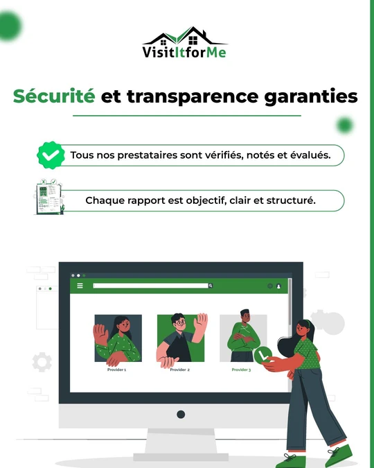 A VisitItforMe social post headed “Sécurité et transparence garanties”, with two pill-shaped statements in French about vetted providers and clear, structured reports, above an illustration of a desktop screen listing provider profiles.